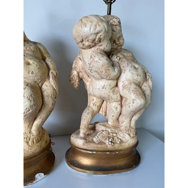 Vintage French Cherub – Baroque Revival Putti Sculptures on Gilt Bases Table Lamps - a Pair For Sale In Miami - Image 6 of 12