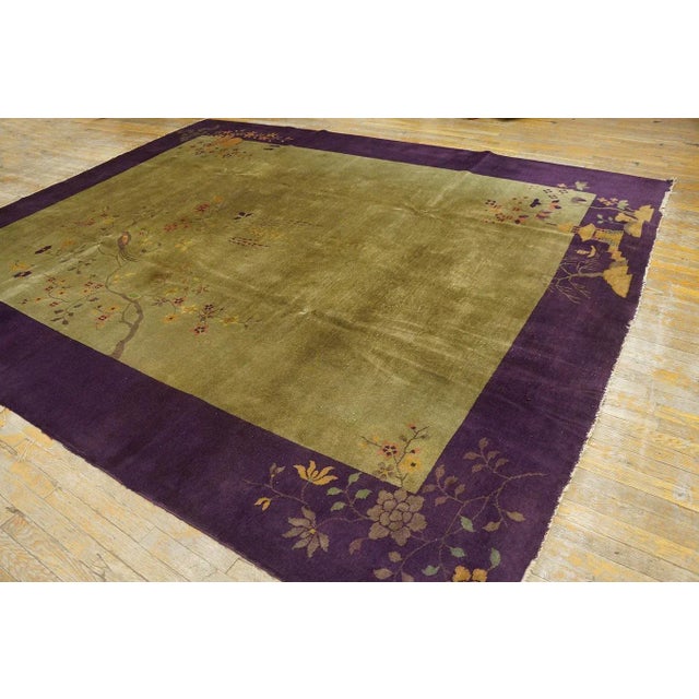 Art Deco 1920s Olive Green Floral Vase Antique Chinese Art Deco Carpet 9' X 12' Knotted Wool Rug For Sale - Image 3 of 11