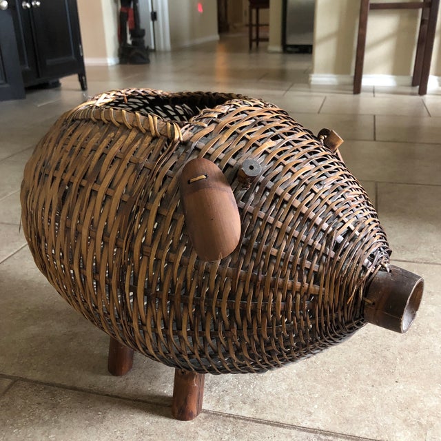 Mid Century Bamboo and Wicker Pig Basket Chairish