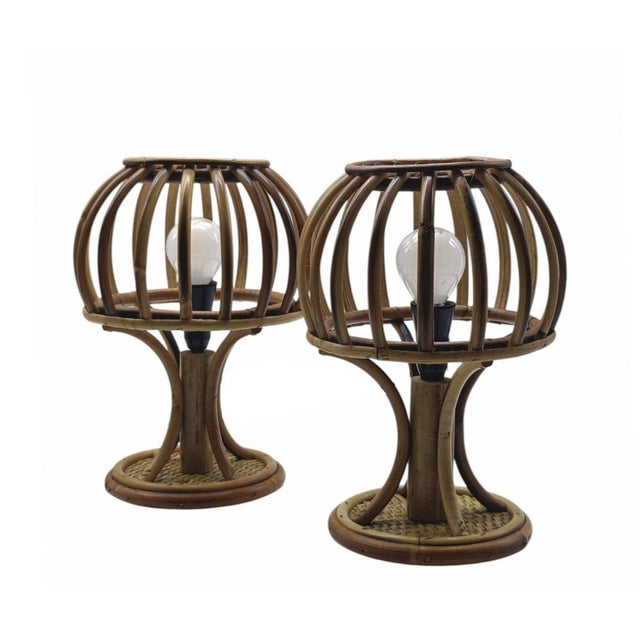 Bamboo and Rattan Table Lamps in the style of Louis Sognot, Italy, 1960s, Set of 2, in Good conditions. Designed 1960 to...
