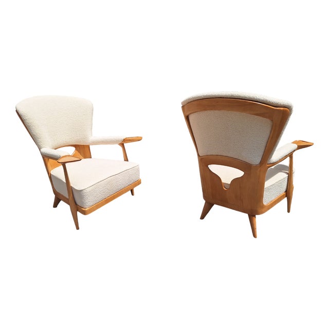 Set of Vintage Armchairs in Light Wood and White Boucle Fabric by Enrico Ciuti, 1950s For Sale