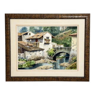 Luis Amendolla (Mexican 1939-2000) Watercolor Village Landscape, Signed For Sale