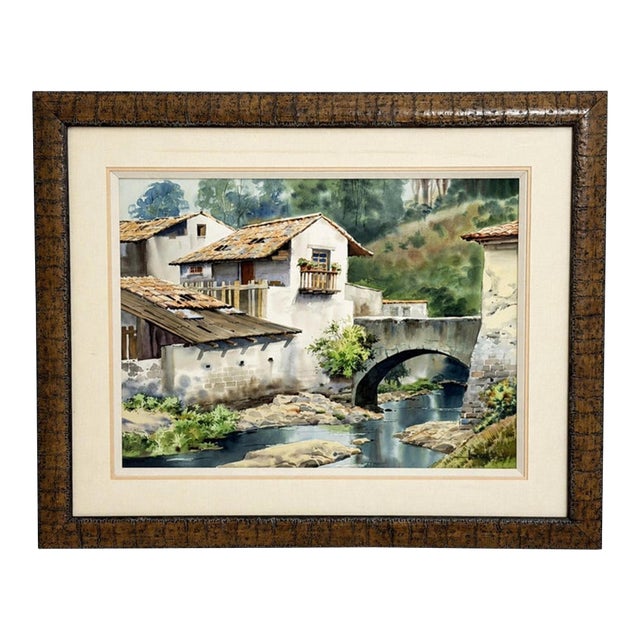 Luis Amendolla (Mexican 1939-2000) Watercolor Village Landscape, Signed For Sale