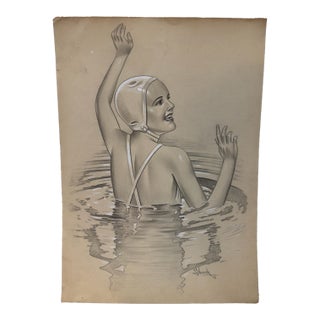 1940s Original Signed Graphite Illustration of Art Deco Swimmer in Water, 14 X 10 In. For Sale