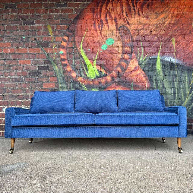 Mid Century Modern Sofa Reupholstered Blue Corduroy on Casters Possibly