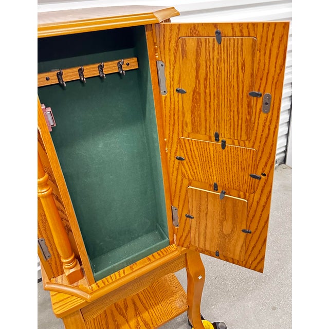 1960s Mid Century Revolving Jewelry Armoire in Oak Finish Free Standing Pilasters Mirror Chest of Draws For Sale - Image 12 of 17