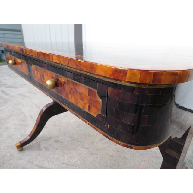 Late 20th Century Maitland Smith Tessellated Faux Tortoise Shell / Penshell Writing Desk ~ Traditional Regency Style For Sale - Image 5 of 18