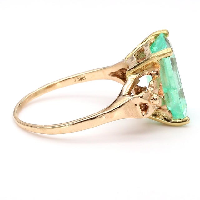 Contemporary Vintage 3.58 Carat Pastel Green Colombian Emerald 14k Gold Solitaire Scroll Ring, Size 6 For Sale - Image 3 of 7