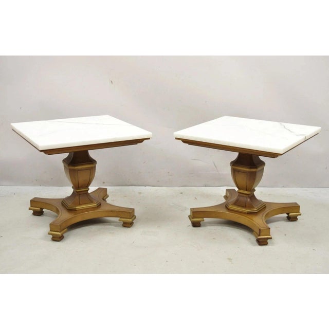 Vintage Empire Style Low Marble Top Pedestal Base Side Tables by Imperial - a Pair. Item features a nice low form, square...
