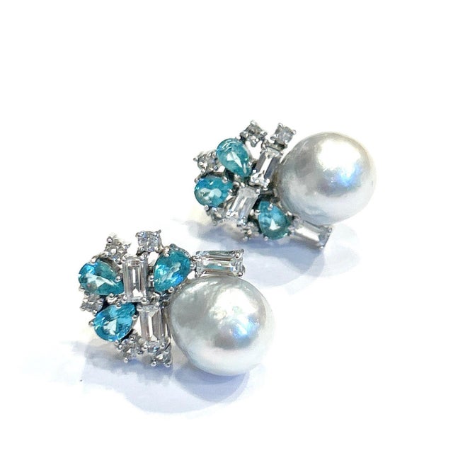 Bochic “Orient” Pearls, Topaz & Blue Appetite Earrings Set 18K Gold & Silver For Sale In New York - Image 6 of 6