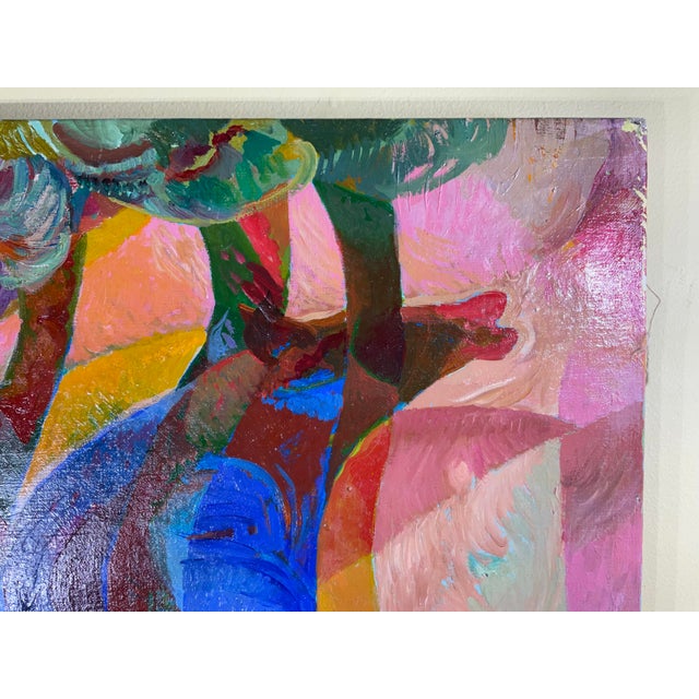 The painting depicts a vibrant and expressive scene with three female figures amidst a grove of stylized trees. The...