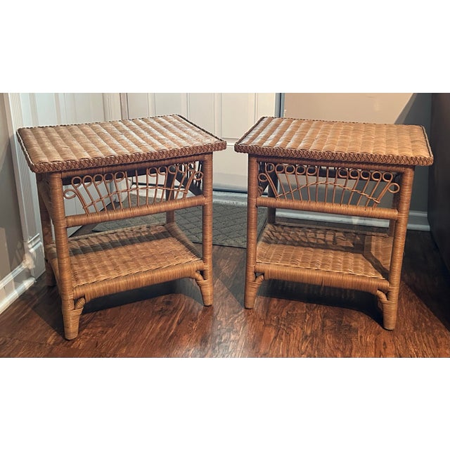1970s A Pair of Vintage Coastal-Style Wicker and Rattan End Tables by Pacific Traders and Manufacturing Corporation PTMC in the Philippines. For Sale - Image 5 of 12