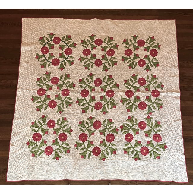 Textile Antique Late 19th / Early 20th Century Hand Sewn Marriage Quilt With Rose of Sharon Wreaths For Sale - Image 7 of 10