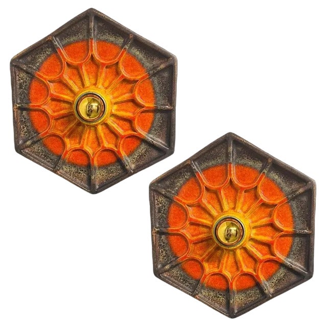 German Orange Hex-Shaped Ceramic Wall Lights, 1970, Set of 2 For Sale