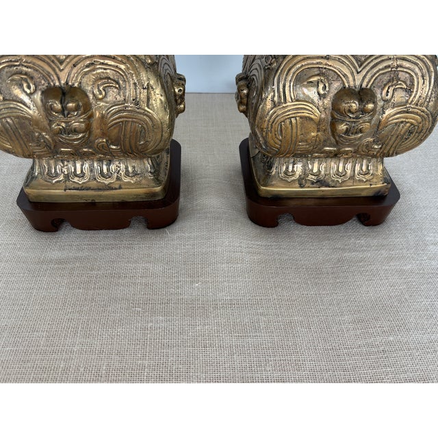 Vintage Pair Asian Archaic Brass Urn Lamps James Mont Style With Linen Shades For Sale - Image 10 of 15