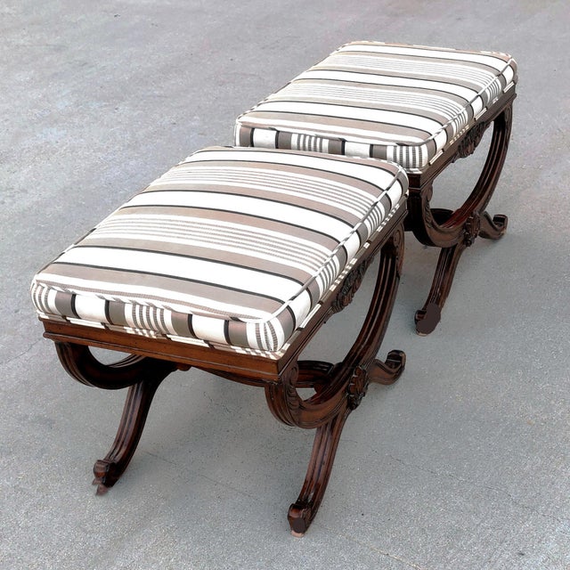 Ethan Allen Regency Carule Style X Base Ottomans With Striped Seats a