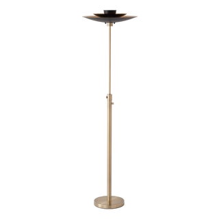 Rancho Mirage Fleur Torchiere Lamp, Weather Brass, Marble Base, Linen Shade, Dimmable For Sale