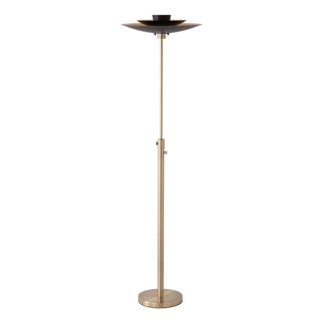 Rancho Mirage Fleur Torchiere Lamp, Weather Brass, Marble Base, Linen Shade, Dimmable For Sale