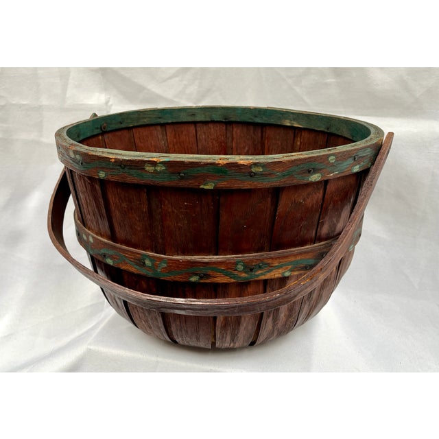 Early 1900s Folk Art Painted Oak Splint Apple Basket For Sale - Image 13 of 13