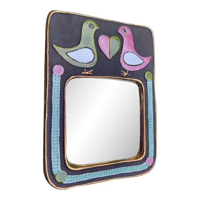 Mithe Espelt Ceramic Wall Mirror Pink & Green Birds For Sale