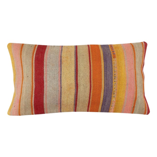 14"x28" Vintage Kilim Lumbar Pillow Cover. Hand-Woven Turkish Cushion Covers For Sale