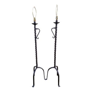 1940s Wrought Iron Barley Twist Tripod 3-Leg Candlestick Floor Lamps - a Pair For Sale