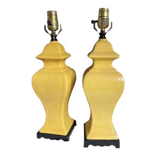 Vintage Mid-Century Modern Yellow Ceramic Table Lamps With Black Bases Pair by Abby Ginger For Sale
