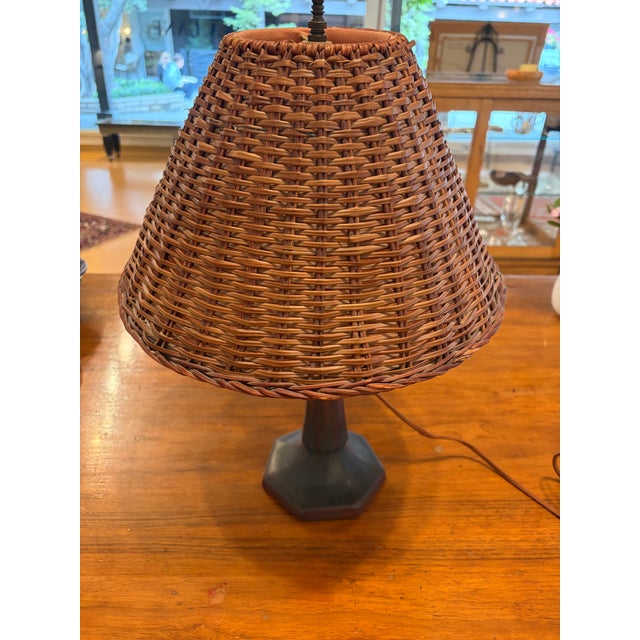 Contemporary Vintage Van Briggle Matte-Glazed Pottery Table Lamp With Woven Rattan Shade For Sale - Image 3 of 4