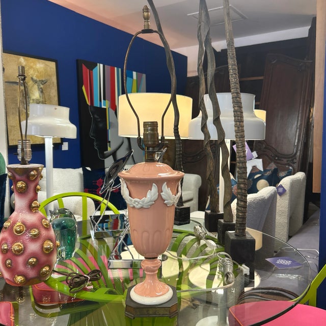 Pink Antique Lenox Pink and White Porcelain Ceramic Table Lamp Signed For Sale - Image 8 of 8