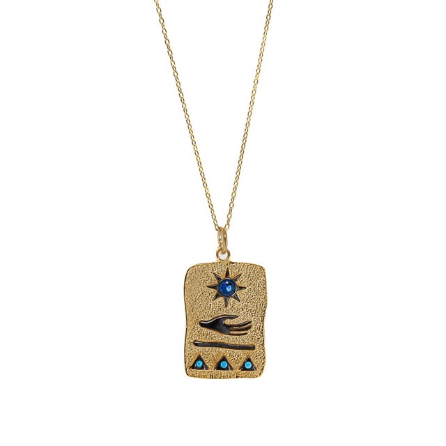Turquoise Egyptian All In Your Hands Sun Gold Necklace For Sale - Image 8 of 8