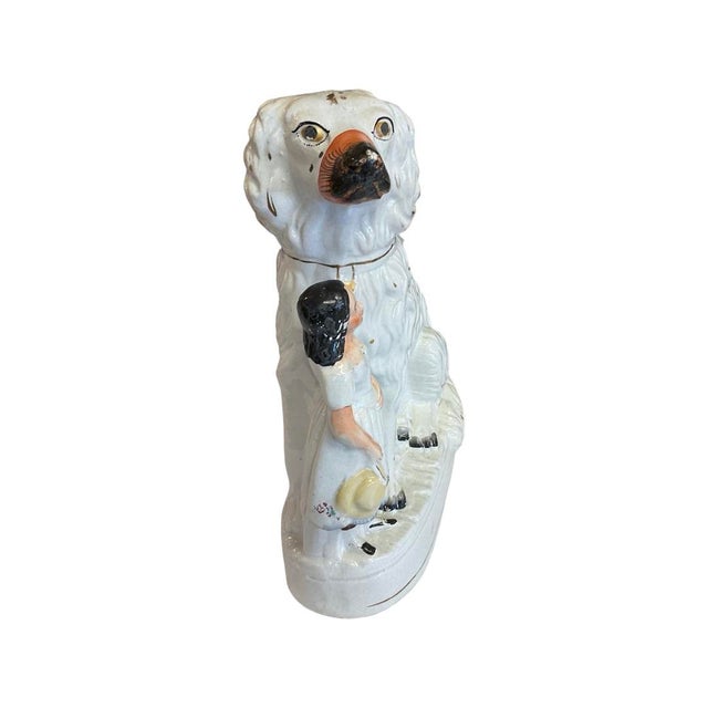 Mid 19th Century Figurine of Large White Staffordshire Dog with Girl. Dog Has Black and Orange Muzzle and Small Gold Dots...