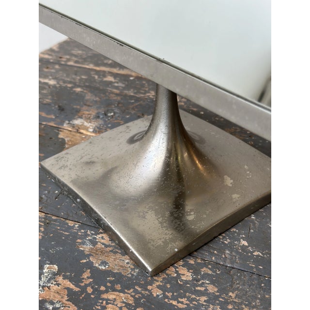 Metal Vintage Modernist Vanity Mirror With Angular Brushed Steel Frame and Trumpeted Base, Circa 1950s-60s For Sale - Image 7 of 13