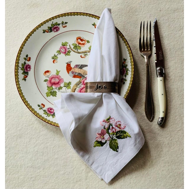 French Cherry Blossom Embroidered Cotton Percale Dinner Napkins | Paris Flea Market Find - Set of Four For Sale - Image 12 of 18