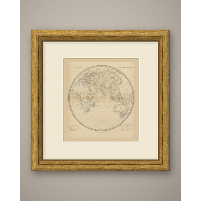 Original antique map of the eastern hemisphere, a steel engraving colored by hand in outline, with a pale blue wash along...