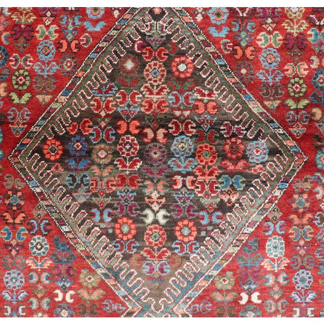 Antique Caucasian Karabagh Runner With Bold Diamond Medallion on Rich Red Field 3'9 X 8'9 For Sale - Image 9 of 13