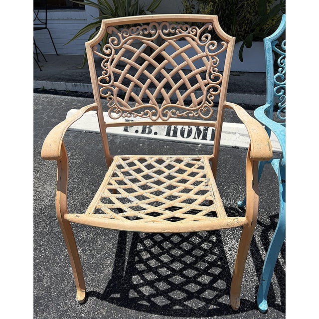 Metal Vintage Cast Aluminum Brightly Painted Outdoor Armchairs- Set of 6 For Sale - Image 7 of 18