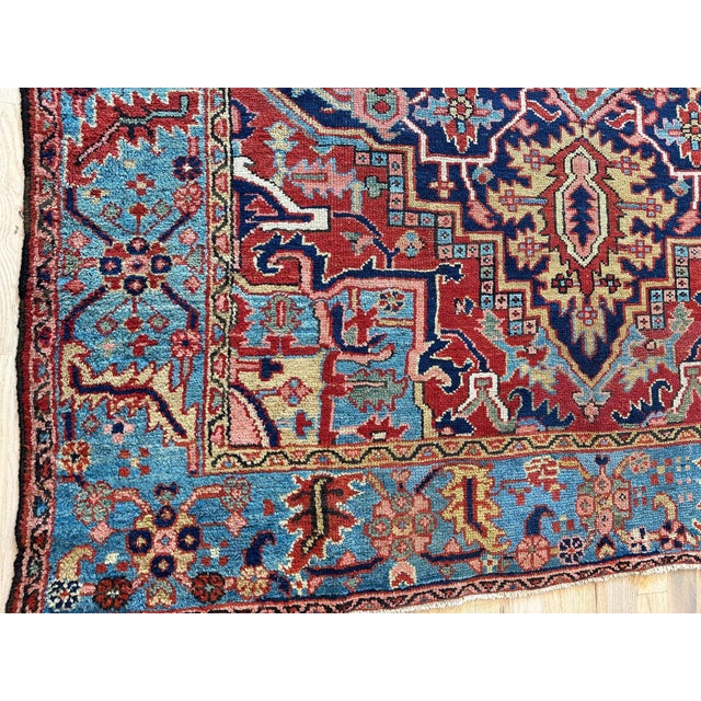 Antique Persian Heriz Carpet Handmade Wool Oriental Rug, Navy, Light Blue, Gold For Sale - Image 11 of 18