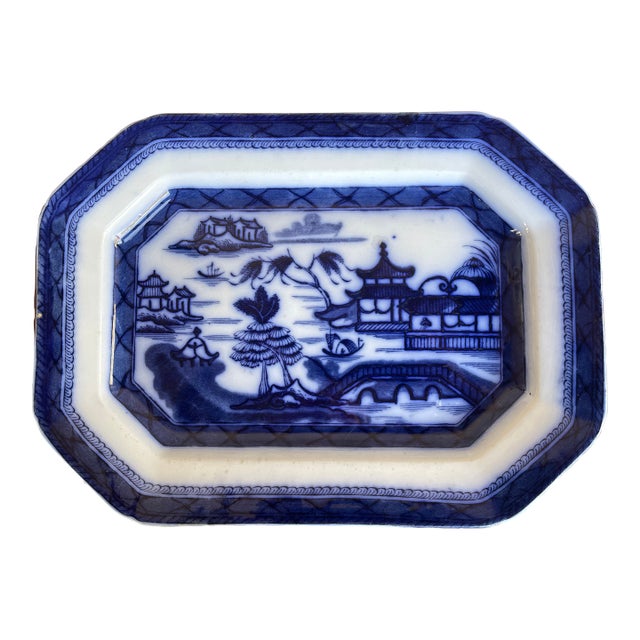 Antique 15"x11" England Staffordshire Octagonal Dark Flow Blue Ironstone Platter For Sale