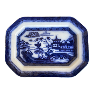 Antique 15"x11" England Staffordshire Octagonal Dark Flow Blue Ironstone Platter