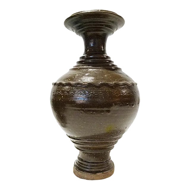 Early 20th Century Ceramic Vase From Thailand, in Dark Brown Glaze For Sale