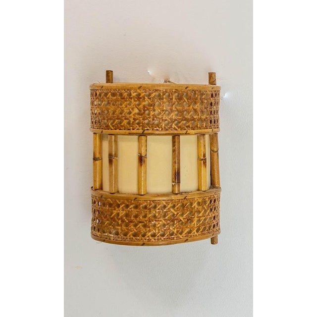 1960s Cane Rattan & Fabric Sconces in the style of Louis Sognot, 1960s, Set of 2 For Sale - Image 5 of 11
