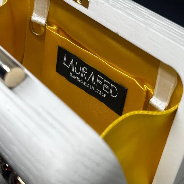 Elegant White Wooden Clutch Bag With Feathers and Studs Made by Laurafed For Sale - Image 11 of 11