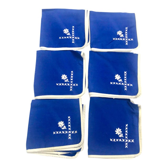 Vintage Handmade Blue and White Embroidered Napkins - Set of 6 For Sale