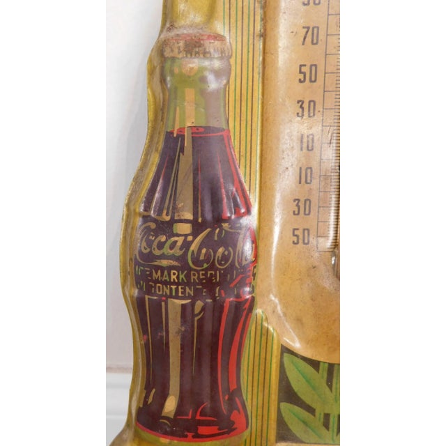 Yellow 1940's Art Deco Vintage Coca Cola Embossed Tin Advertising Thermometer For Sale - Image 8 of 13
