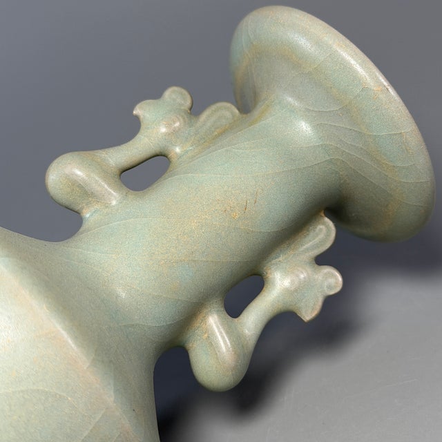 Antique Chinese Longquan Celadon Vase, Phoenix‑Shaped Double Handles For Sale - Image 4 of 8