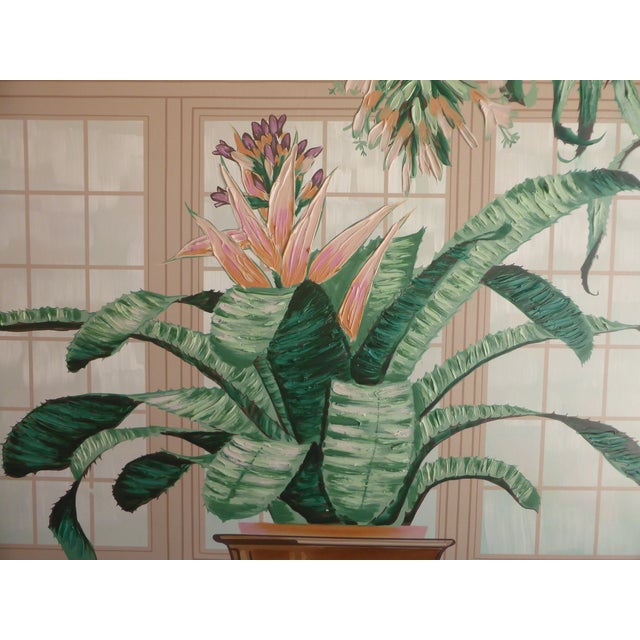 Mid-Century Modern acrylic on canvas painting signed Letterman featuring potted vibrant Bromeliad plants. Manufactured in...
