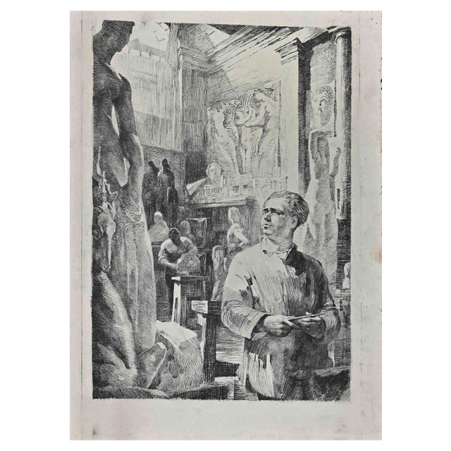 The Artist in Fine Art Academy, Original Etching, Early 20th-Century For Sale