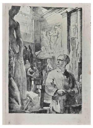 The Artist in Fine Art Academy, Original Etching, Early 20th-Century