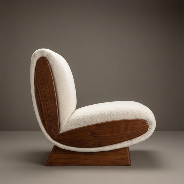 Not Yet Made - Made To Order Onda Lounge Chairs by Object Refinery in Ivory Italian Bouclé & Walnut, Pair For Sale - Image 5 of 9