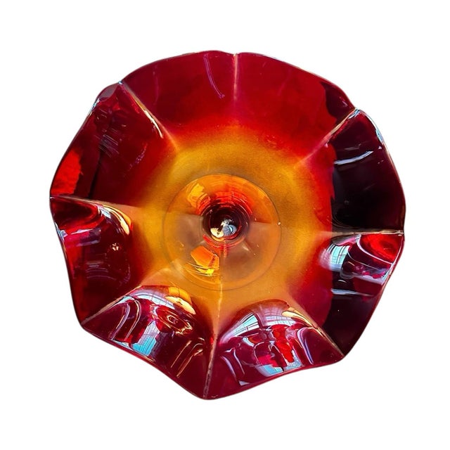 Blenko 1960s Blenko Red Orange Footed Ruffled Blown Amberina Glass Compote Bowl For Sale - Image 4 of 7